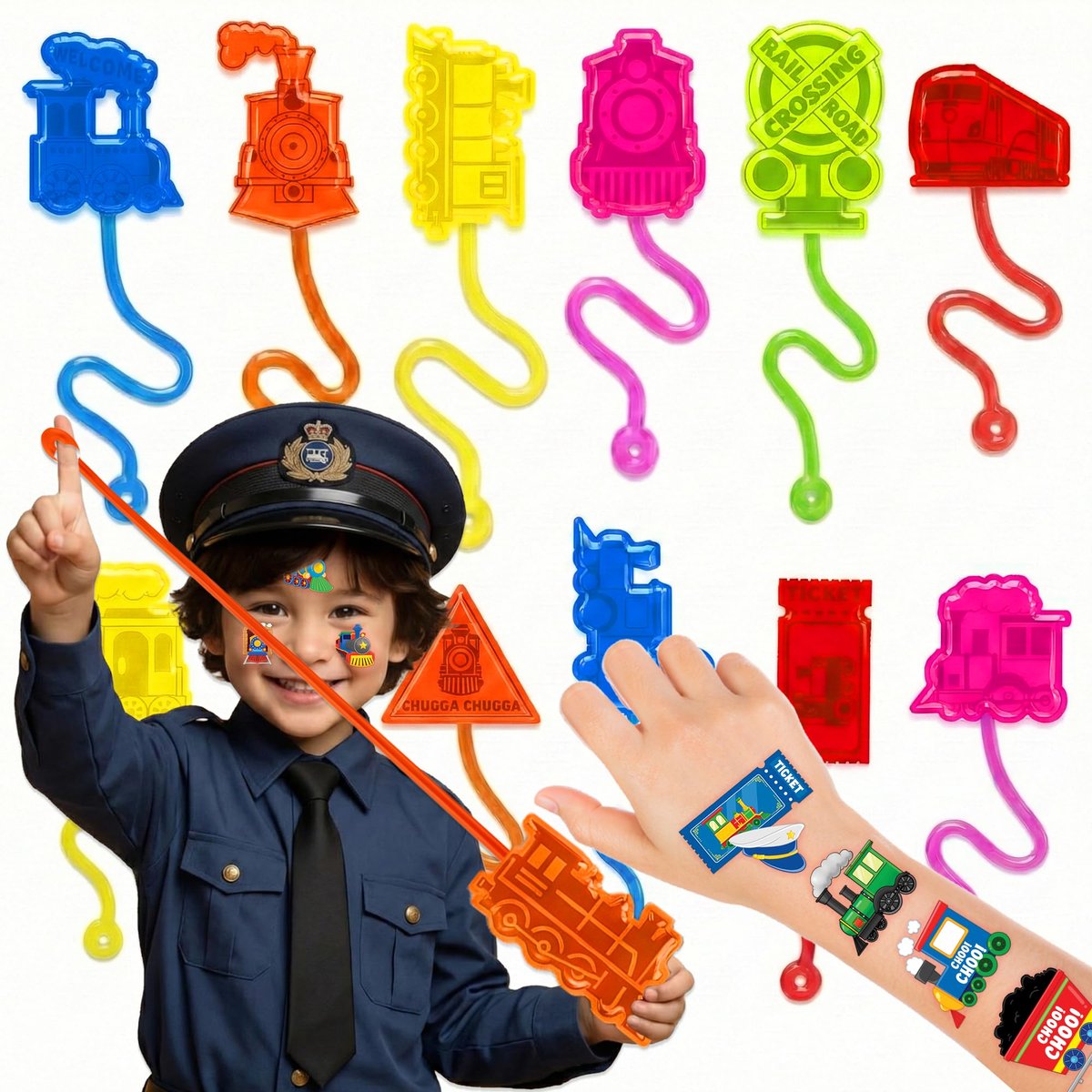 48PCS Train Party Favors - 24 Temporary Tattoos & 24 Stick Hands for Kids Birthday Party Supplies, Goodie Bag Stuffers, Classroom Prizes, Treasure Box Toys - görsel 1