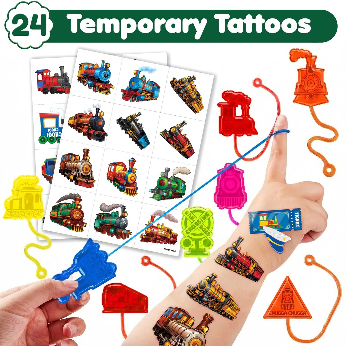 48PCS Train Party Favors - 24 Temporary Tattoos & 24 Stick Hands for Kids Birthday Party Supplies, Goodie Bag Stuffers, Classroom Prizes, Treasure Box Toys - görsel 3