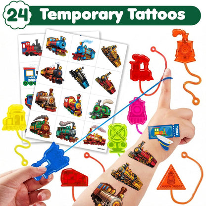 48PCS Train Party Favors - 24 Temporary Tattoos & 24 Stick Hands for Kids Birthday Party Supplies, Goodie Bag Stuffers, Classroom Prizes, Treasure Box Toys