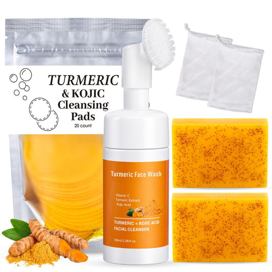 Treeroot 4Pcs Turmeric Face Wash Set: Turmeric Kojic Acid Soap, Face Wash with Brush, and Face Scrub Pads for Deep Cleansing