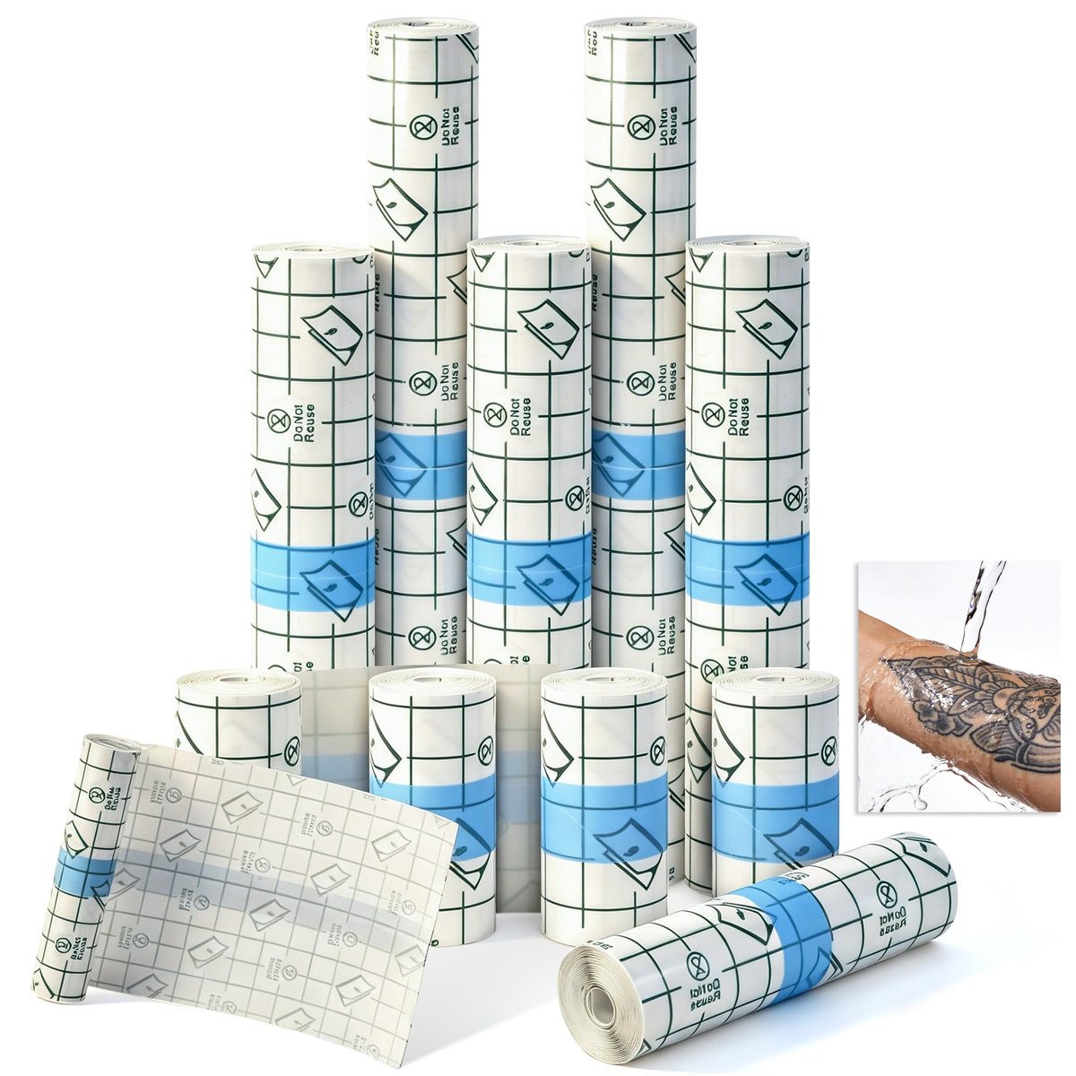GAGATOAD Tattoo Wrap 20 Yard Total Mixed Size 2/4/6/8 Inch Waterproof Transparent Tattoo Bandage Aftercare Film Breathable Self-Adhesive Cover Up Sheets for Healing, Tattoo Skin Tape Dressing Supplies 10 Roll Avelisse