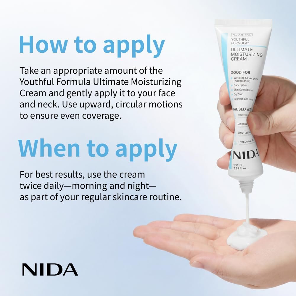 NIDA Youthful Formula Ultimate Moisturizing Cream with Centella Asiatica, Niacinamide, Hyaluronic Acid & Collagen - Anti-Aging Face Moisturizer for Wrinkles, Fine Lines, Dark Spots & Dry Skin - 3.38 fl oz (100ml) Avelisse