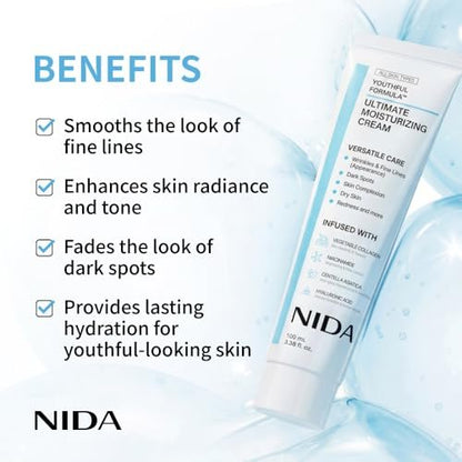 NIDA Youthful Formula Ultimate Moisturizing Cream with Centella Asiatica, Niacinamide, Hyaluronic Acid & Collagen - Anti-Aging Face Moisturizer for Wrinkles, Fine Lines, Dark Spots & Dry Skin - 3.38 fl oz (100ml) Avelisse