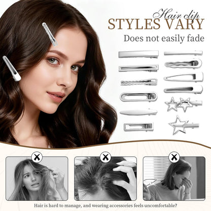 24PCS Silver Hair Clips Set - Cute Y2K Metal Barrettes, Anti-Slip Wavy Star Hair Clips for Women & Girls