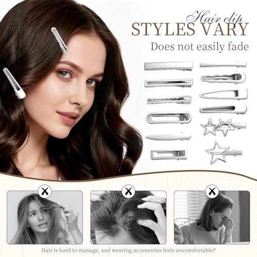 24PCS Silver Hair Clips Set - Cute Y2K Metal Barrettes, Anti-Slip Wavy Star Hair Clips for Women & Girls - görsel 10