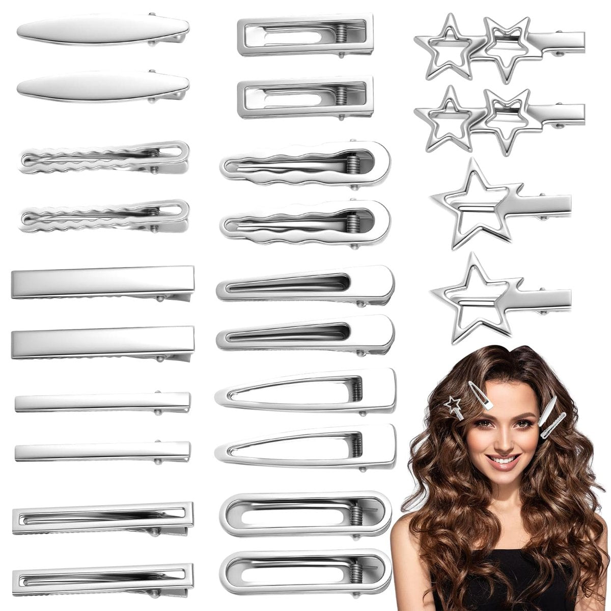 24PCS Silver Hair Clips Set - Cute Y2K Metal Barrettes, Anti-Slip Wavy Star Hair Clips for Women & Girls - görsel 1