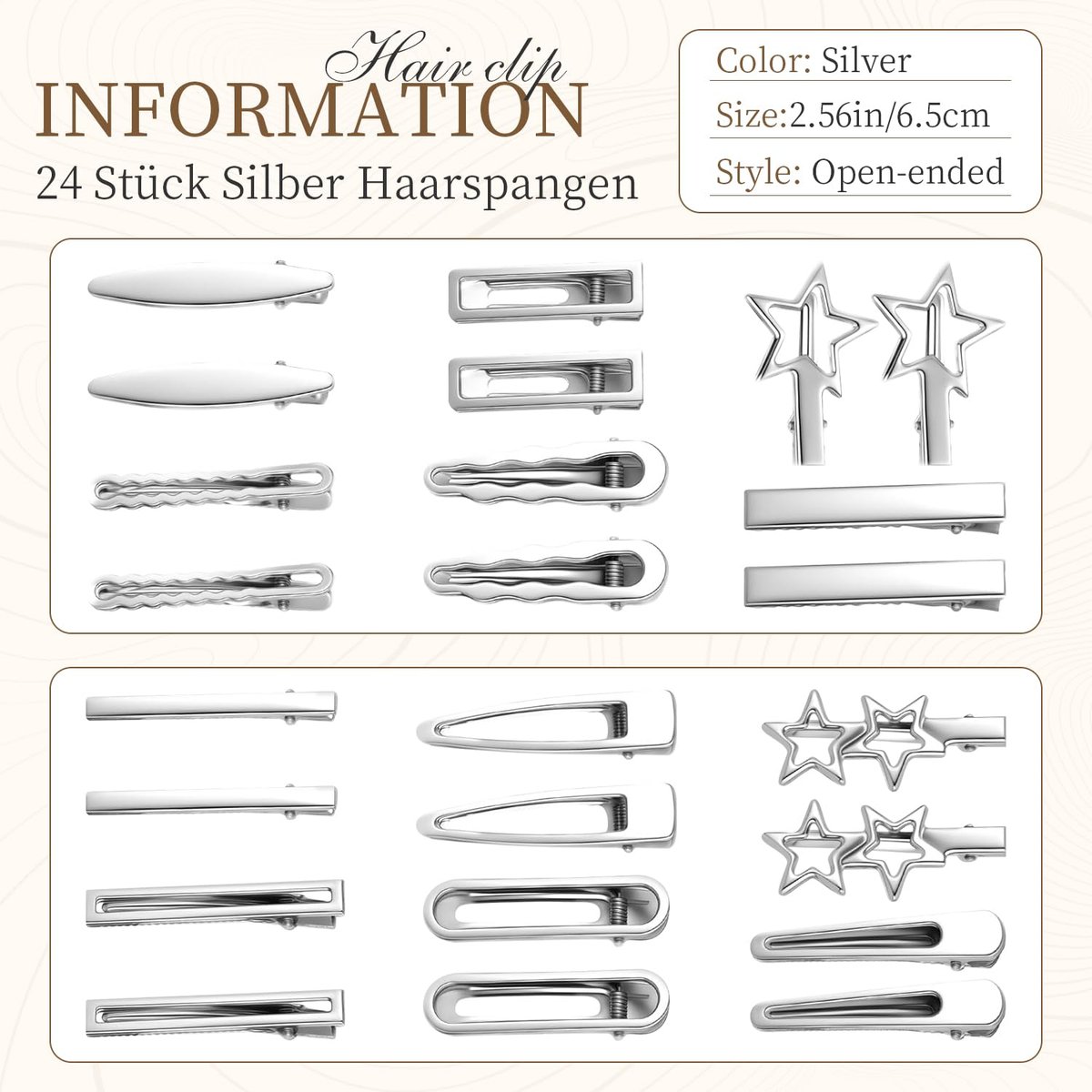 24PCS Silver Hair Clips Set - Cute Y2K Metal Barrettes, Anti-Slip Wavy Star Hair Clips for Women & Girls - görsel 13