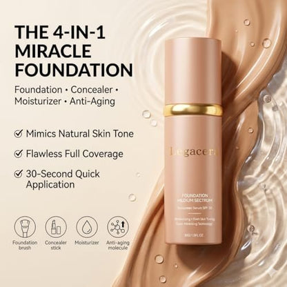 Legacera 4-in-1 Foundation for Mature Skin - Hydrating Full Coverage, Long-Lasting & Waterproof - Medium 3.35 Fl Oz Avelisse