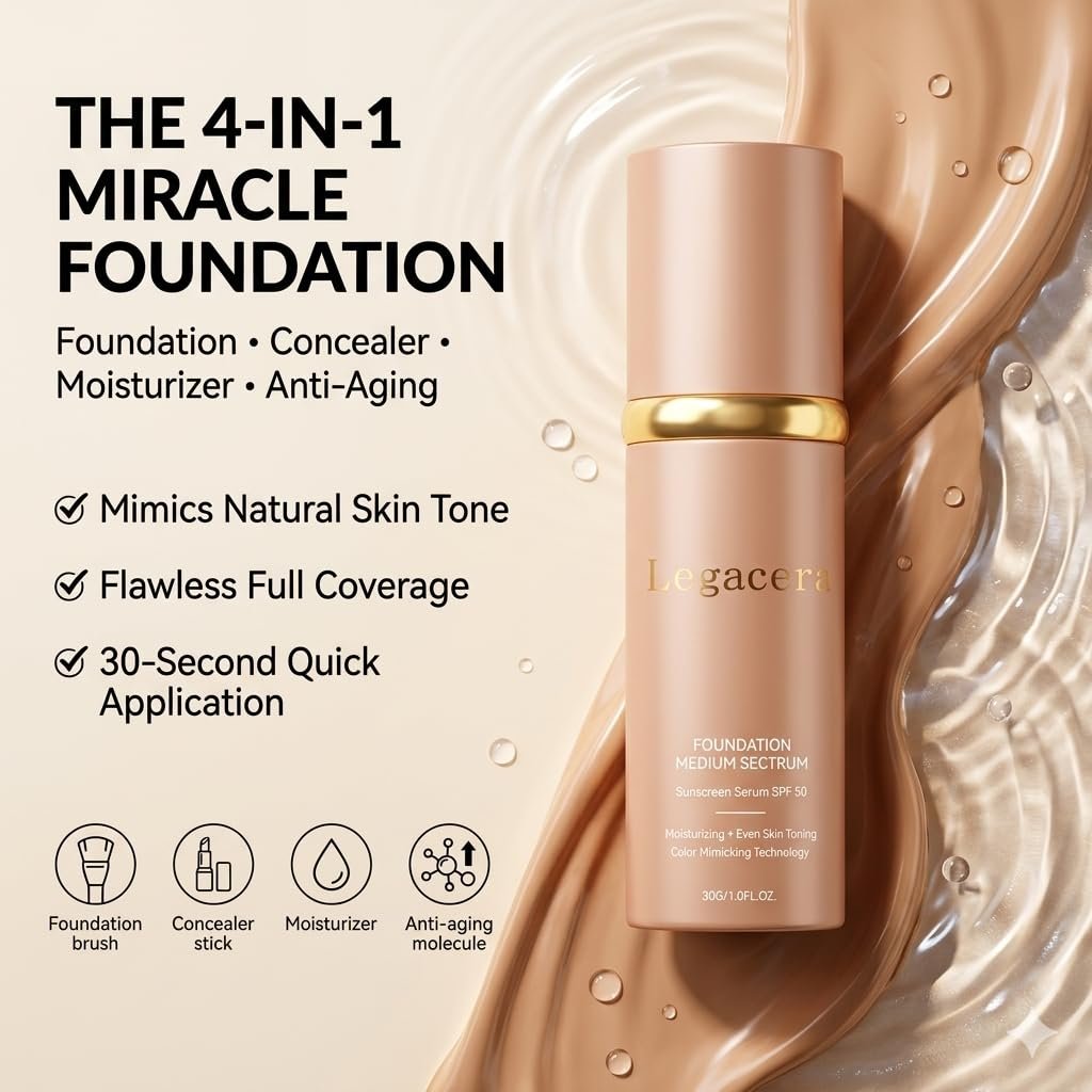 Legacera 4-in-1 Foundation for Mature Skin - Hydrating Full Coverage, Long-Lasting & Waterproof - Medium 3.35 Fl Oz Avelisse