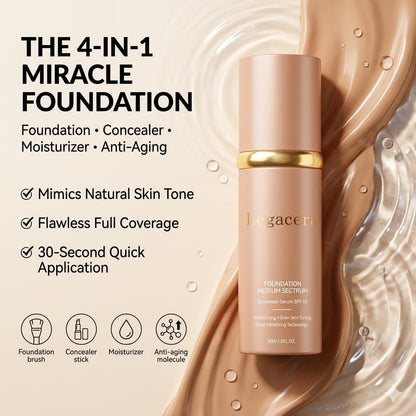 Legacera 4-in-1 Foundation for Mature Skin - Hydrating Full Coverage, Long-Lasting & Waterproof - Medium 3.35 Fl Oz Avelisse