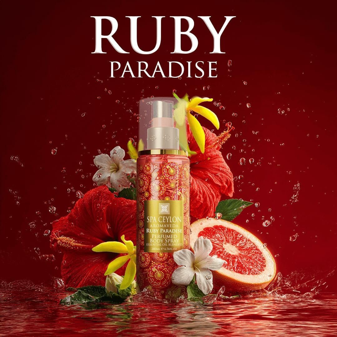 SPA CEYLON Ruby Paradise Body Spray – Fruity Floral Mist with Red Hibiscus, Jasmine & Ceylon Vanilla, Refreshing Women's Perfume, 200ml Avelisse