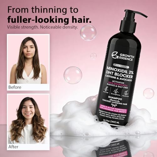 Growth Essence Premium 2% Minoxidil Shampoo for Women – Hair Regrowth with Biotin, Caffeine & DHT Blockers – Strengthening Formula with Keratin, Castor Oil, Green Tea & Rosemary – 12.17 fl oz Avelisse