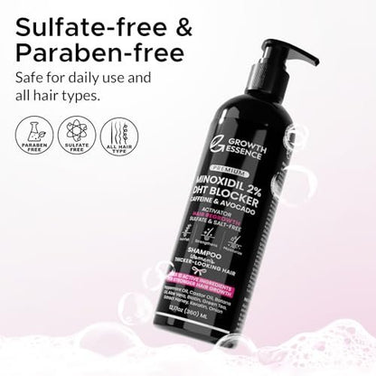 Growth Essence Premium 2% Minoxidil Shampoo for Women – Hair Regrowth with Biotin, Caffeine & DHT Blockers – Strengthening Formula with Keratin, Castor Oil, Green Tea & Rosemary – 12.17 fl oz Avelisse