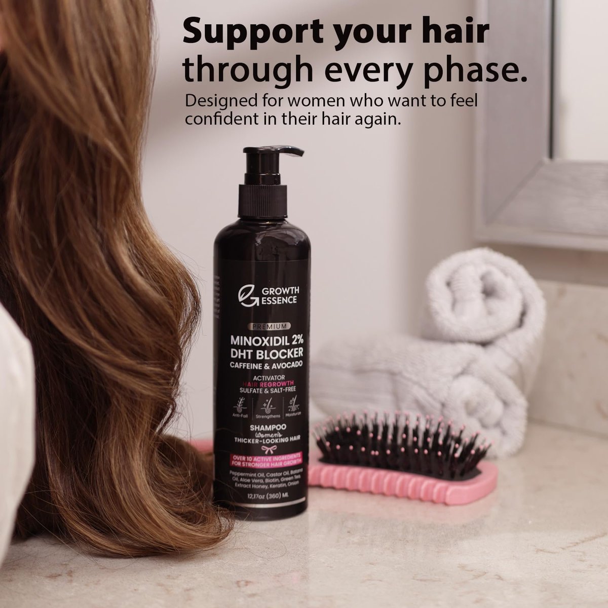 Growth Essence Premium 2% Minoxidil Shampoo for Women – Hair Regrowth with Biotin, Caffeine & DHT Blockers – Strengthening Formula with Keratin, Castor Oil, Green Tea & Rosemary – 12.17 fl oz Avelisse