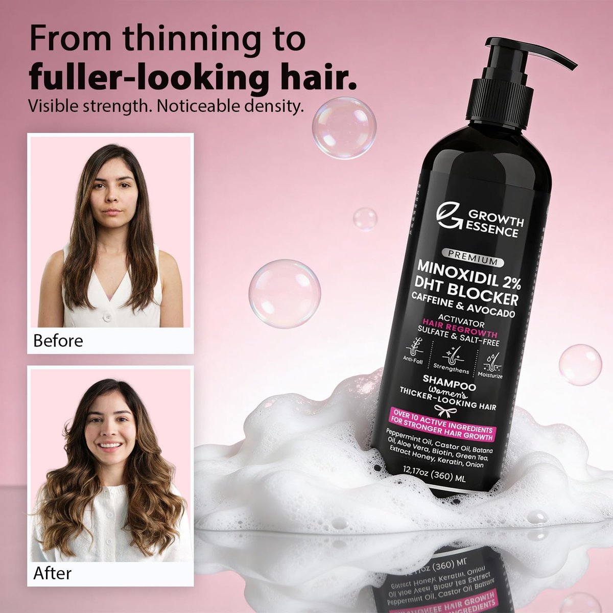 Growth Essence Premium 2% Minoxidil Shampoo for Women – Hair Regrowth with Biotin, Caffeine & DHT Blockers – Strengthening Formula with Keratin, Castor Oil, Green Tea & Rosemary – 12.17 fl oz Avelisse