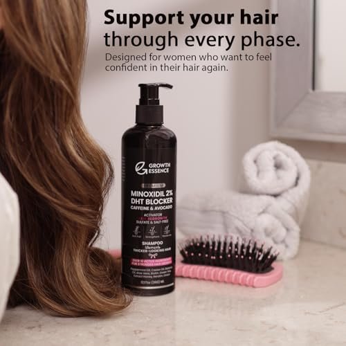 Growth Essence Premium 2% Minoxidil Shampoo for Women – Hair Regrowth with Biotin, Caffeine & DHT Blockers – Strengthening Formula with Keratin, Castor Oil, Green Tea & Rosemary – 12.17 fl oz Avelisse