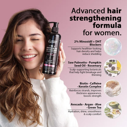 Growth Essence Premium 2% Minoxidil Shampoo for Women – Hair Regrowth with Biotin, Caffeine & DHT Blockers – Strengthening Formula with Keratin, Castor Oil, Green Tea & Rosemary – 12.17 fl oz Avelisse