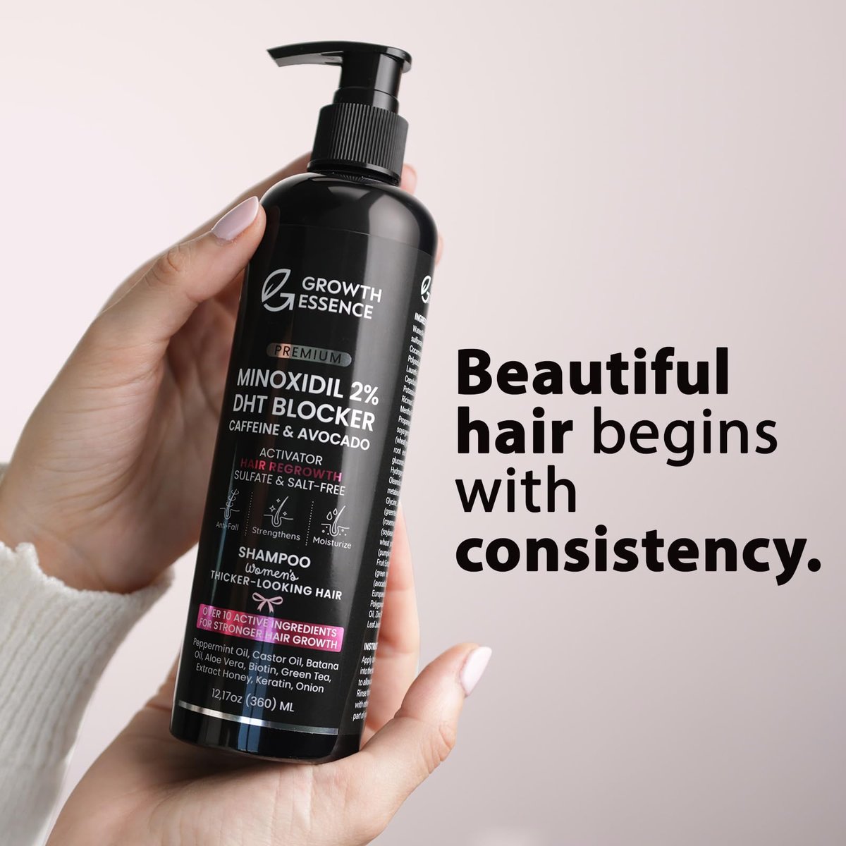Growth Essence Premium 2% Minoxidil Shampoo for Women – Hair Regrowth with Biotin, Caffeine & DHT Blockers – Strengthening Formula with Keratin, Castor Oil, Green Tea & Rosemary – 12.17 fl oz Avelisse