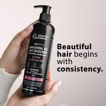 Growth Essence Premium 2% Minoxidil Shampoo for Women – Hair Regrowth with Biotin, Caffeine & DHT Blockers – Strengthening Formula with Keratin, Castor Oil, Green Tea & Rosemary – 12.17 fl oz Avelisse