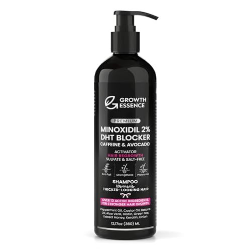 Growth Essence Premium 2% Minoxidil Shampoo for Women – Hair Regrowth with Biotin, Caffeine & DHT Blockers – Strengthening Formula with Keratin, Castor Oil, Green Tea & Rosemary – 12.17 fl oz Avelisse