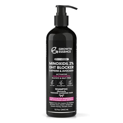 Growth Essence Premium 2% Minoxidil Shampoo for Women – Hair Regrowth with Biotin, Caffeine & DHT Blockers – Strengthening Formula with Keratin, Castor Oil, Green Tea & Rosemary – 12.17 fl oz Avelisse