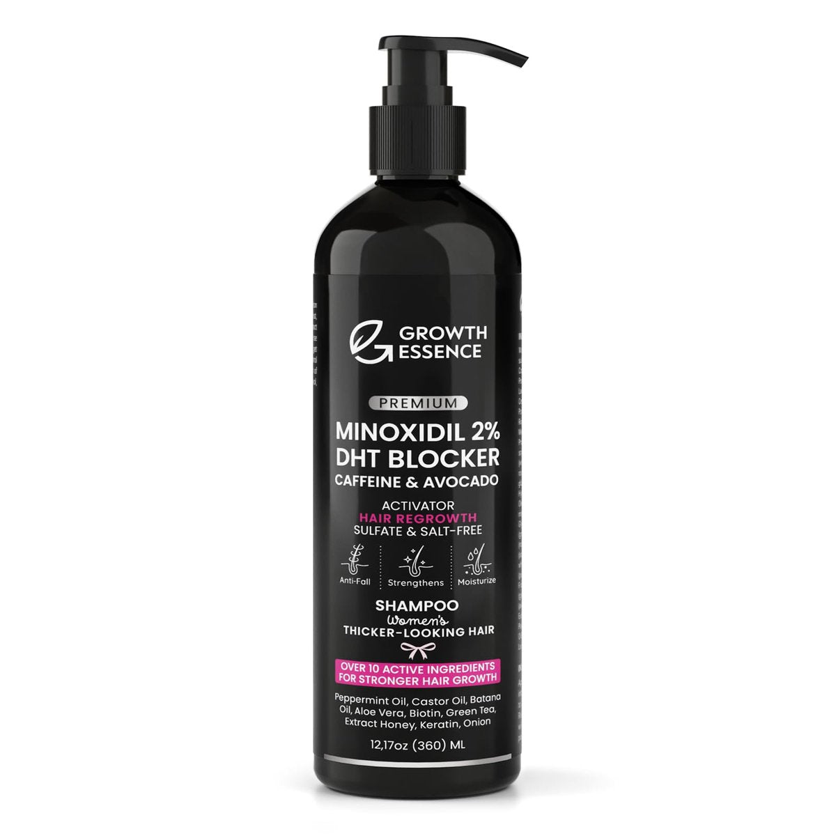 Growth Essence Premium 2% Minoxidil Shampoo for Women – Hair Regrowth with Biotin, Caffeine & DHT Blockers – Strengthening Formula with Keratin, Castor Oil, Green Tea & Rosemary – 12.17 fl oz Avelisse