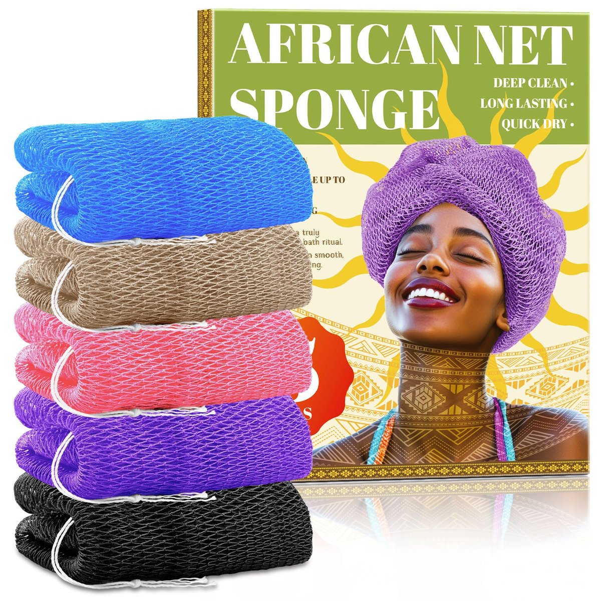 5 Pack African Net Sponge Authentic with Knots - Nylon Exfoliating Body Scrubber for Shower, Quick Dry Deep Exfoliation for All Skin Types - görsel 1