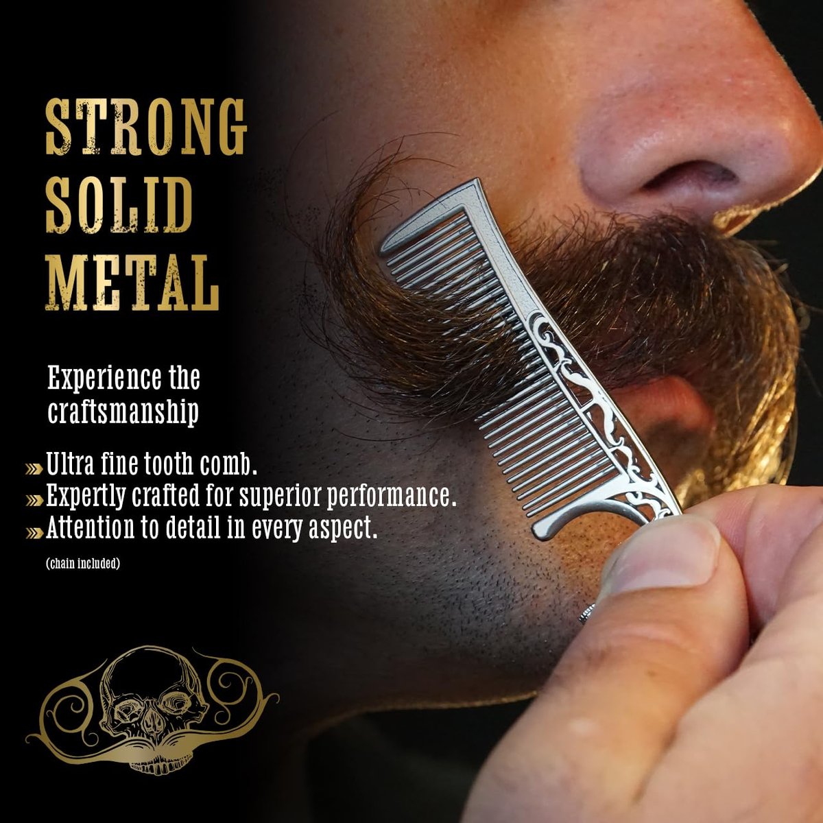 Mustache Comb on Stainless Steel Metal Chain Necklace – Dual-Sided Comb for Men, Fine & Wide Teeth for Precise Moustache Styling – Durable, Compact, Travel-Friendly Grooming Tool for Facial Hair Care Avelisse