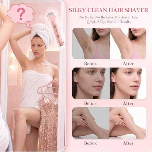 2-in-1 Dual Head Electric Bikini Trimmer for Women – Waterproof Painless Shaver with Ceramic Blade, USB-C Rechargeable, for Pubic Hair, Face, Legs (Pink) Avelisse