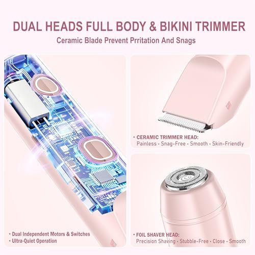 2-in-1 Dual Head Electric Bikini Trimmer for Women – Waterproof Painless Shaver with Ceramic Blade, USB-C Rechargeable, for Pubic Hair, Face, Legs (Pink) Avelisse