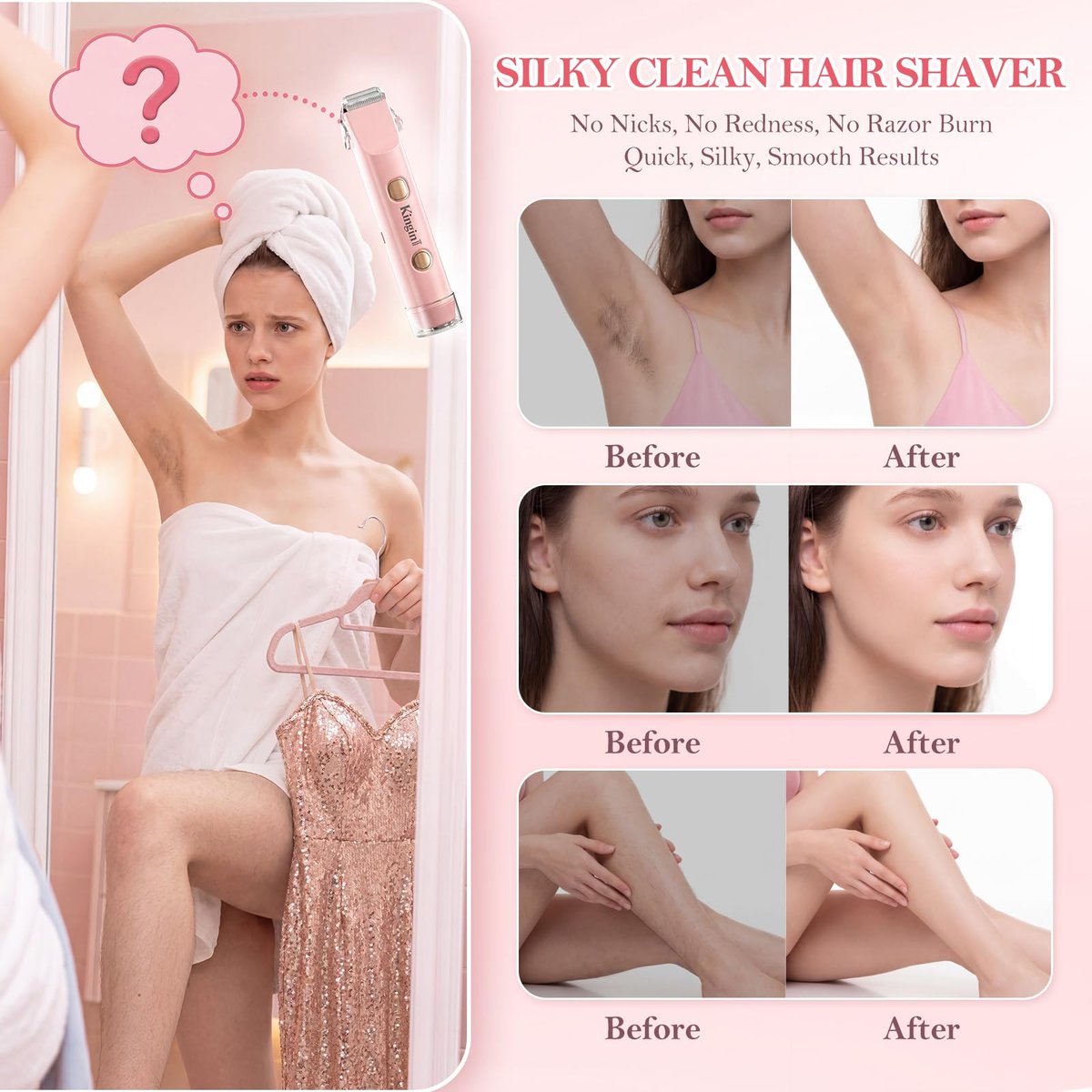 2-in-1 Dual Head Electric Bikini Trimmer for Women – Waterproof Painless Shaver with Ceramic Blade, USB-C Rechargeable, for Pubic Hair, Face, Legs (Pink) Avelisse
