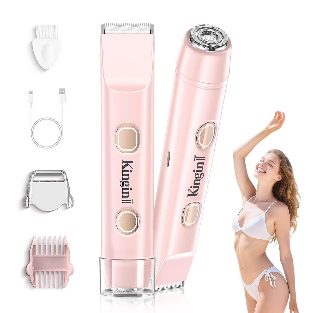 2-in-1 Dual Head Electric Bikini Trimmer for Women – Waterproof Painless Shaver with Ceramic Blade, USB-C Rechargeable, for Pubic Hair, Face, Legs (Pink) Avelisse