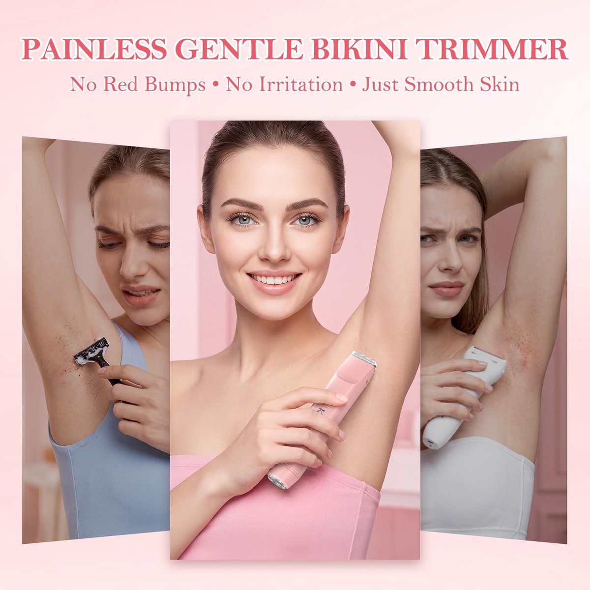 2-in-1 Dual Head Electric Bikini Trimmer for Women – Waterproof Painless Shaver with Ceramic Blade, USB-C Rechargeable, for Pubic Hair, Face, Legs (Pink) Avelisse