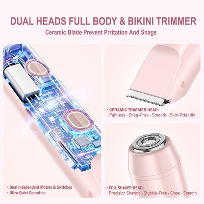 2-in-1 Dual Head Electric Bikini Trimmer for Women – Waterproof Painless Shaver with Ceramic Blade, USB-C Rechargeable, for Pubic Hair, Face, Legs (Pink) Avelisse
