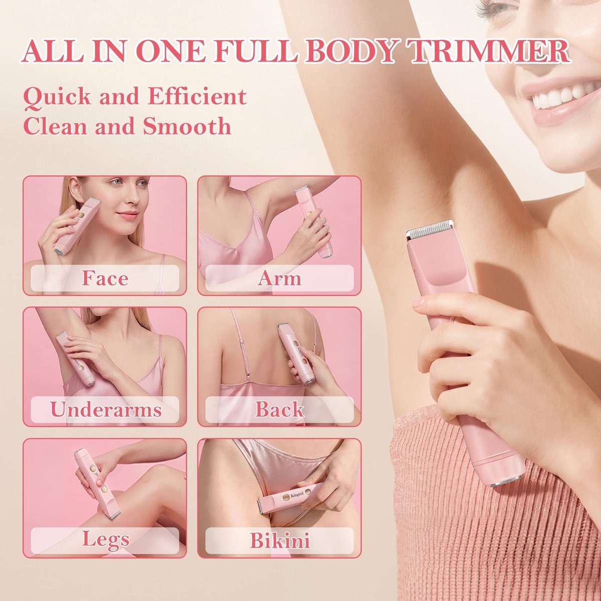 2-in-1 Dual Head Electric Bikini Trimmer for Women – Waterproof Painless Shaver with Ceramic Blade, USB-C Rechargeable, for Pubic Hair, Face, Legs (Pink) Avelisse
