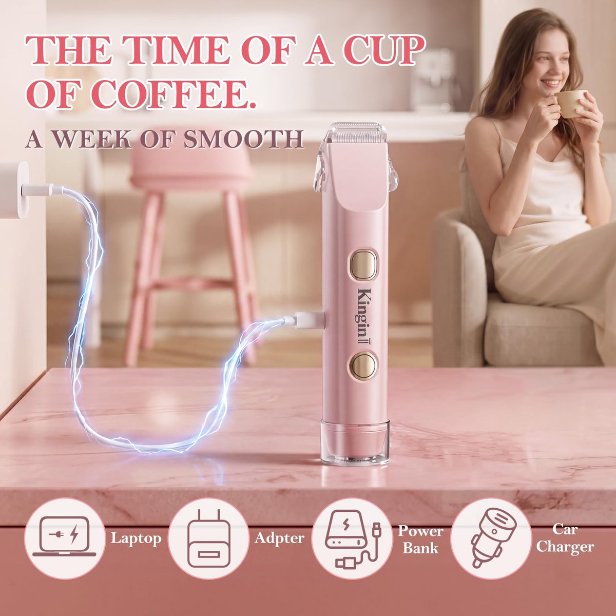2-in-1 Dual Head Electric Bikini Trimmer for Women – Waterproof Painless Shaver with Ceramic Blade, USB-C Rechargeable, for Pubic Hair, Face, Legs (Pink) Avelisse