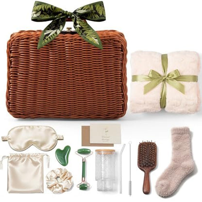 14-Piece Vintage Self-Care Gift Basket for Women | Relaxing Spa Care Package with Blanket & Glass Tumbler | Birthday Gift for Mom, Wife, Sister, Best Friend Avelisse