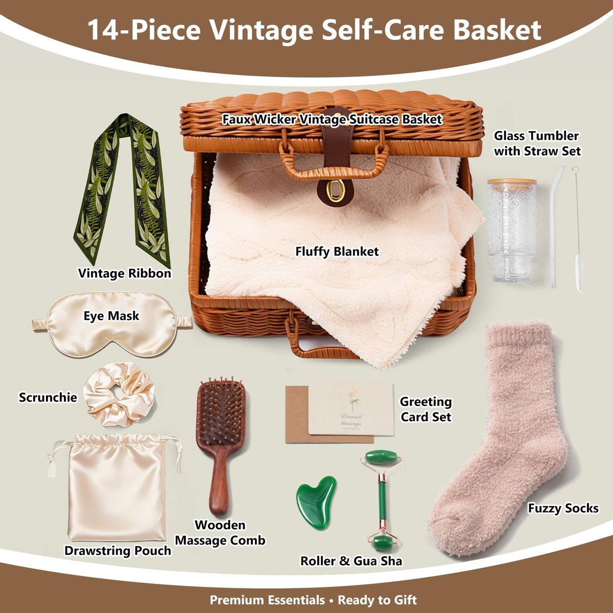 14-Piece Vintage Self-Care Gift Basket for Women | Relaxing Spa Care Package with Blanket & Glass Tumbler | Birthday Gift for Mom, Wife, Sister, Best Friend Avelisse