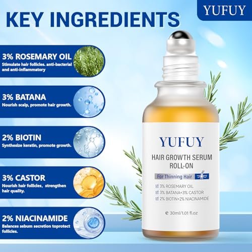 YUFUY Hair Growth Serum Roll On – 3% Batana & Castor Oil, 2% Biotin & Niacinamide, 3% Rosemary Oil for Thinning Hair – No-Rinse, Fast-Absorbing Scalp Serum for Men & Women – 1.0 Fl Oz (30 ml) - görsel 4