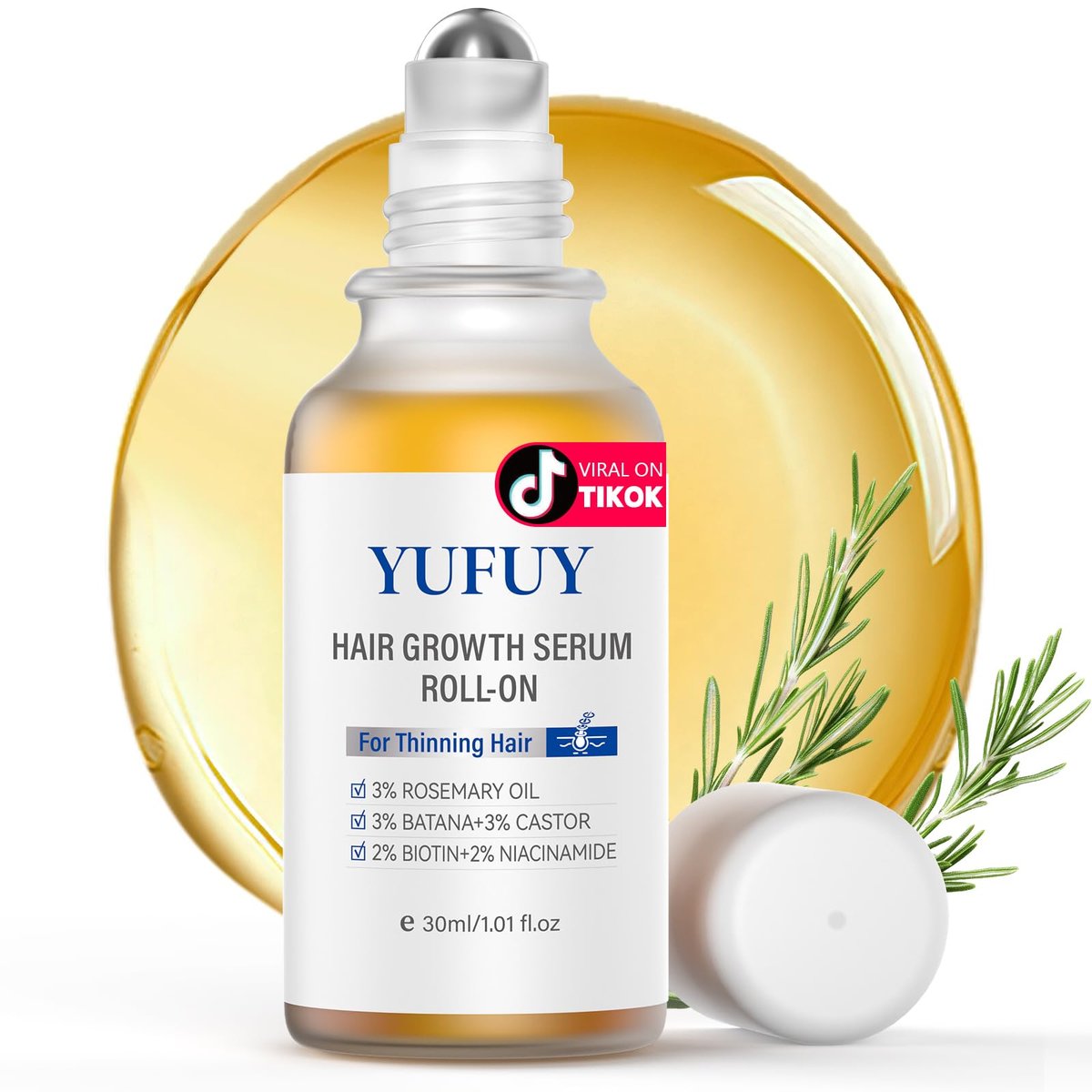 YUFUY Hair Growth Serum Roll On – 3% Batana & Castor Oil, 2% Biotin & Niacinamide, 3% Rosemary Oil for Thinning Hair – No-Rinse, Fast-Absorbing Scalp Serum for Men & Women – 1.0 Fl Oz (30 ml) - görsel 1