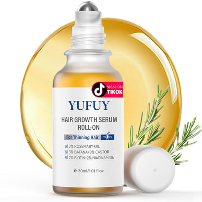 YUFUY Hair Growth Serum Roll On – 3% Batana & Castor Oil, 2% Biotin & Niacinamide, 3% Rosemary Oil for Thinning Hair – No-Rinse, Fast-Absorbing Scalp Serum for Men & Women – 1.0 Fl Oz (30 ml)