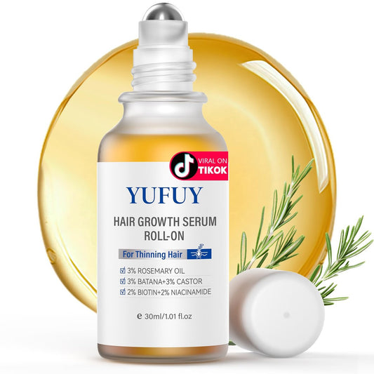 YUFUY Hair Growth Serum Roll On – 3% Batana & Castor Oil, 2% Biotin & Niacinamide, 3% Rosemary Oil for Thinning Hair – No-Rinse, Fast-Absorbing Scalp Serum for Men & Women – 1.0 Fl Oz (30 ml)