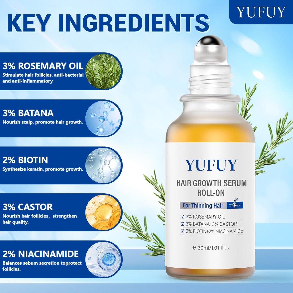 YUFUY Hair Growth Serum Roll On – 3% Batana & Castor Oil, 2% Biotin & Niacinamide, 3% Rosemary Oil for Thinning Hair – No-Rinse, Fast-Absorbing Scalp Serum for Men & Women – 1.0 Fl Oz (30 ml) - görsel 3