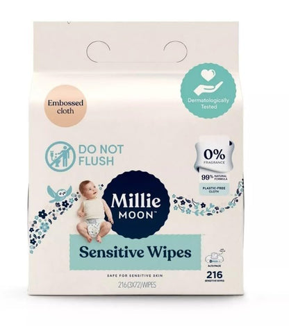 Millie Moon Sensitive Wipes, 216 Count (3 Packs of 72) - Gentle & Hypoallergenic Baby Wipes Avelisse