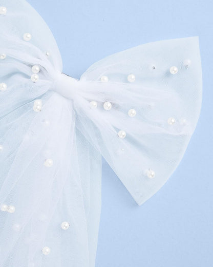 xo, Fetti Bride To Be Pearl Hair Bow Veil - White Tulle Wedding Hair Accessory for Bachelorette & Bridal Shower Avelisse