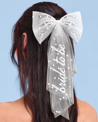 xo, Fetti Bride To Be Pearl Hair Bow Veil - White Tulle Wedding Hair Accessory for Bachelorette & Bridal Shower Avelisse