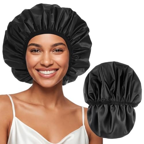 Extra Large Waterproof Shower Cap for Women - Double Layer Satin Lined Hair Bonnet for Curly Hair, Reusable Bath Cap with Elastic Edge for Long Thick Hair (Black)