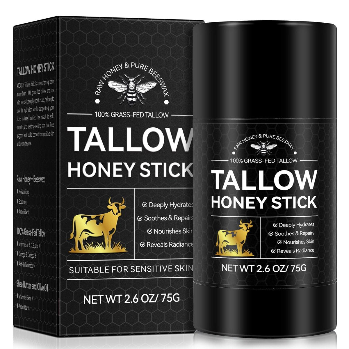 Beef Tallow Honey Balm Sticks for Skin & Face - Whipped Grass Fed Beef Tallow Moisturizer with Raw Honey, All Natural Unscented Body Lotion for Women & Men, 2.6 Fl Oz - görsel 1