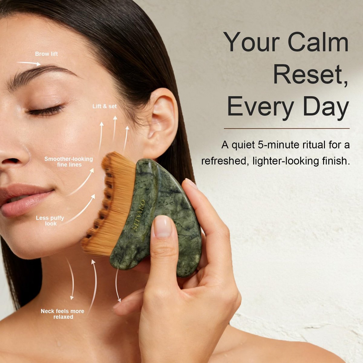 SEFVAKO Lymphatic Contour Face Brush – Dual-Ended Dry Brush with Cool-Touch Jade Gua Sha Edge, Ultra-Soft 0.075mm Bristles for Lymphatic Drainage, Sculpting & Relaxation - görsel 5