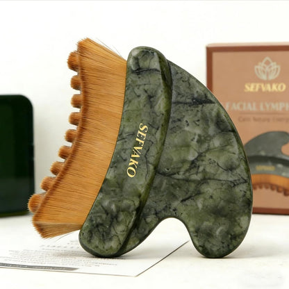 SEFVAKO Lymphatic Contour Face Brush – Dual-Ended Dry Brush with Cool-Touch Jade Gua Sha Edge, Ultra-Soft 0.075mm Bristles for Lymphatic Drainage, Sculpting & Relaxation